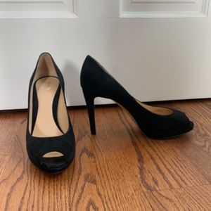 Armani Collection Black Open-Toed Heels 4”, Platform 1/2”